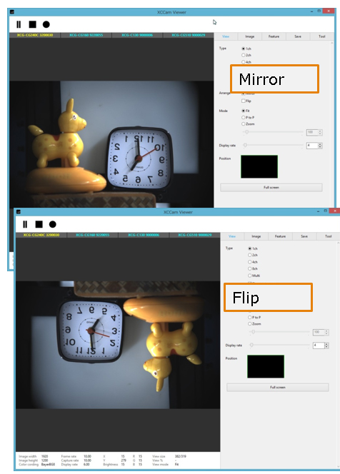 XCCamViewer 表示方法 Mirror, Flip