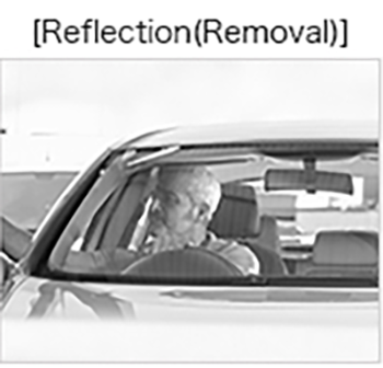 画像：反射除去の機能を使い、車のフロントガラスの映り込みが低減されている。