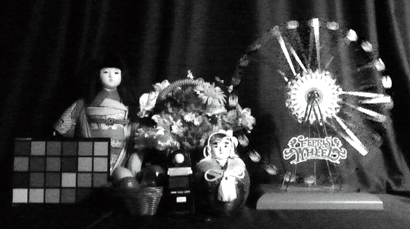 比較画像：暗視下での日本人形、お花、観覧車の模型