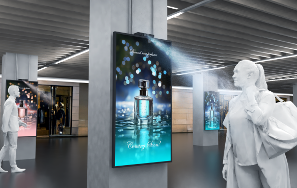 香水ポスターの前を通ると香りが届くインタラクティブ広告のシーン