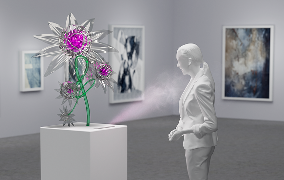 美術館でオブジェの前に立つとテーマに合わせた香りが届く展示の様子