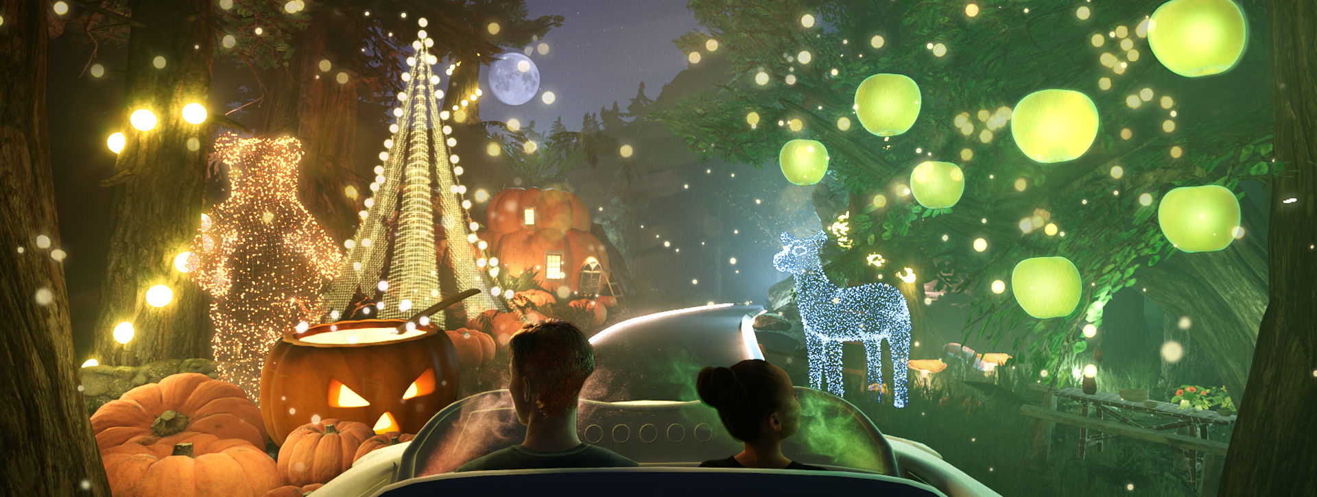 テーマパークでアトラクションを楽しみながら、香りを体験している人たち