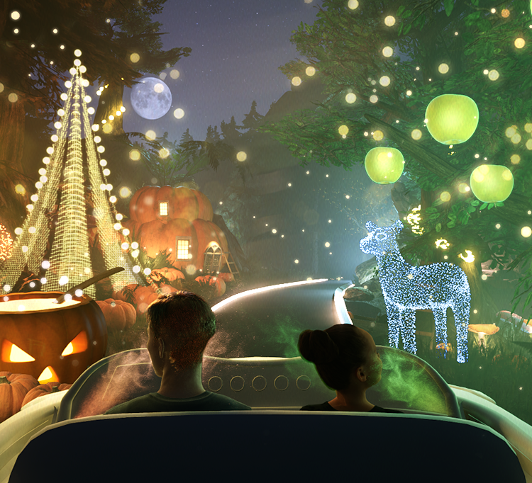 テーマパークでアトラクションを楽しみながら、香りを体験している人たち