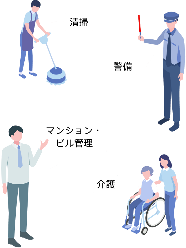 清掃、警備業、マンション・ビル管理、介護をイメージしたイラスト