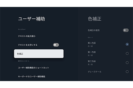 BRAVIAのアクセシビリティ (ユーザー補助) 機能のメニュー画像