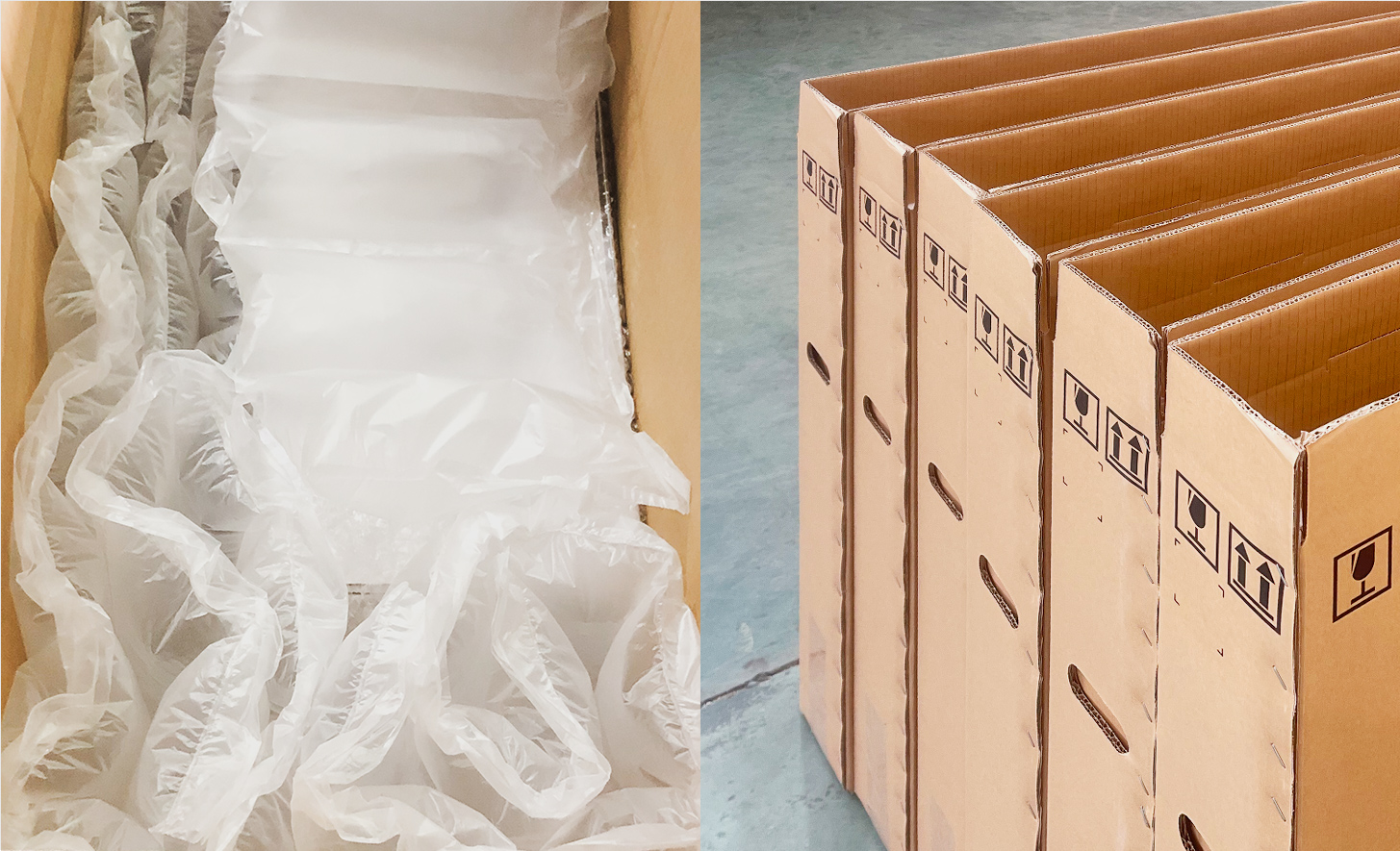 副資材のイメージ：箱に詰められた緩衝材エアバッグ（左）と整列したダンボール箱（右）