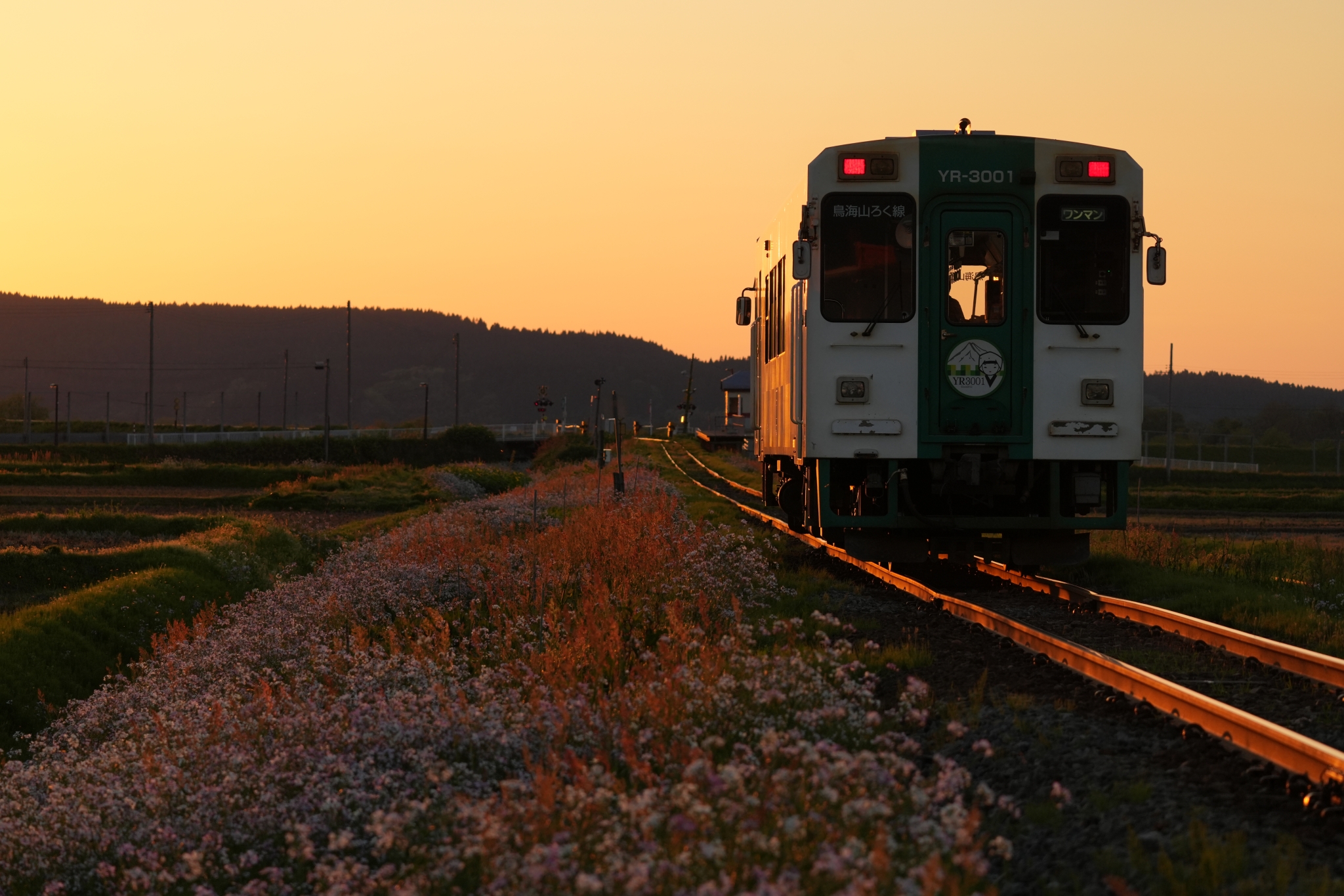 A train running through the countryside at sunset. Click to open modal