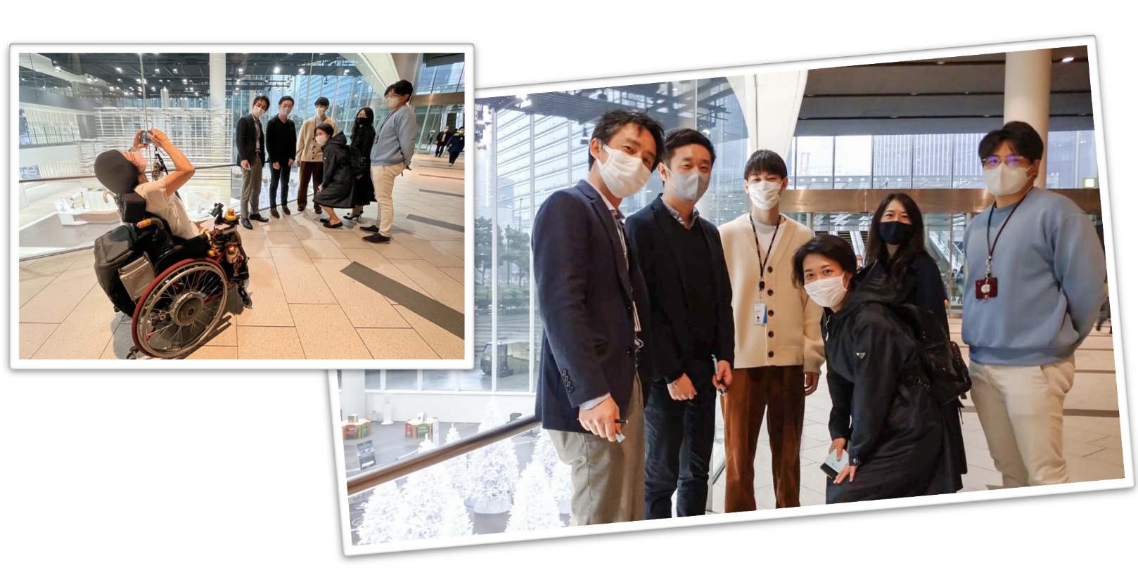 On left: A picture of a female on wheelchair taking picture of a group of people. On right: A picture of a group of people.