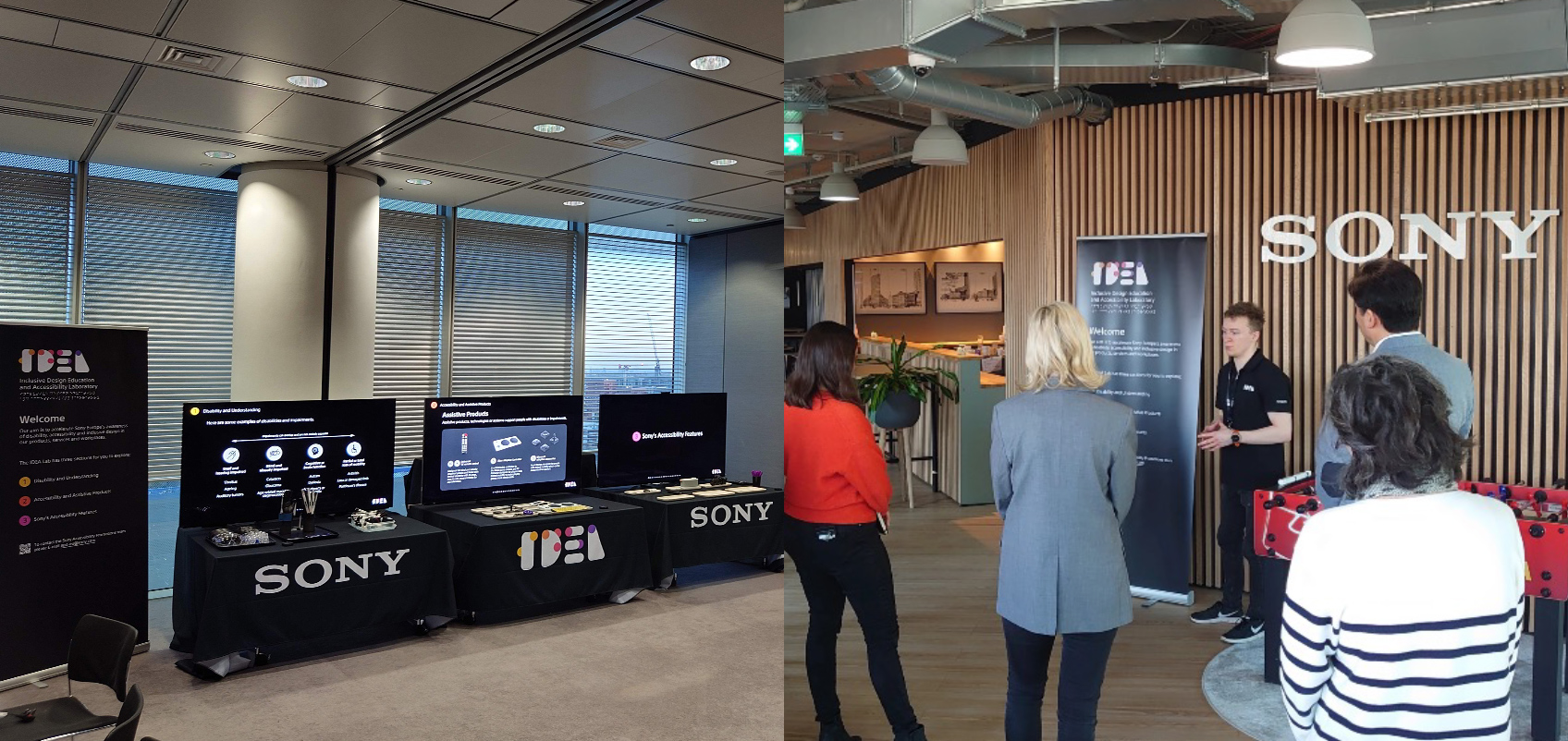 Images of the exhibition booth and presentation. The photo on the left is a cutaway of the exhibition booth. The photo on the right shows a staff member giving a presentation at the booth.
