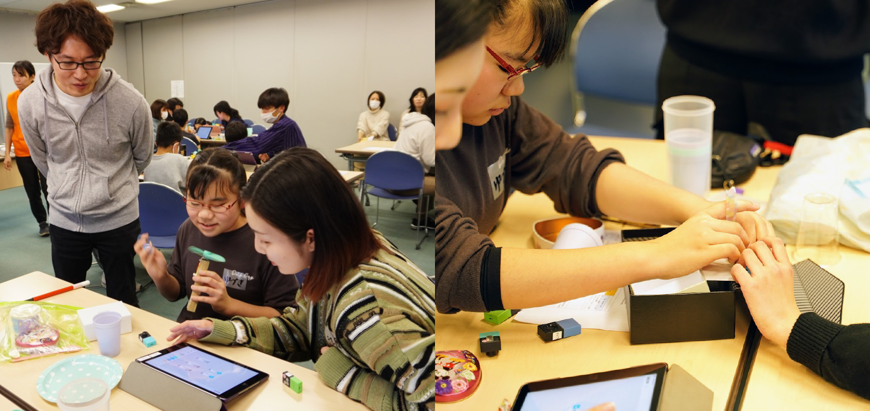 Scenes from the workshop. In the photo on the left, an adult and a child are working on a craft while looking at a tablet. In the photo on the right, a child is working on a craft with a serious look in his eyes.