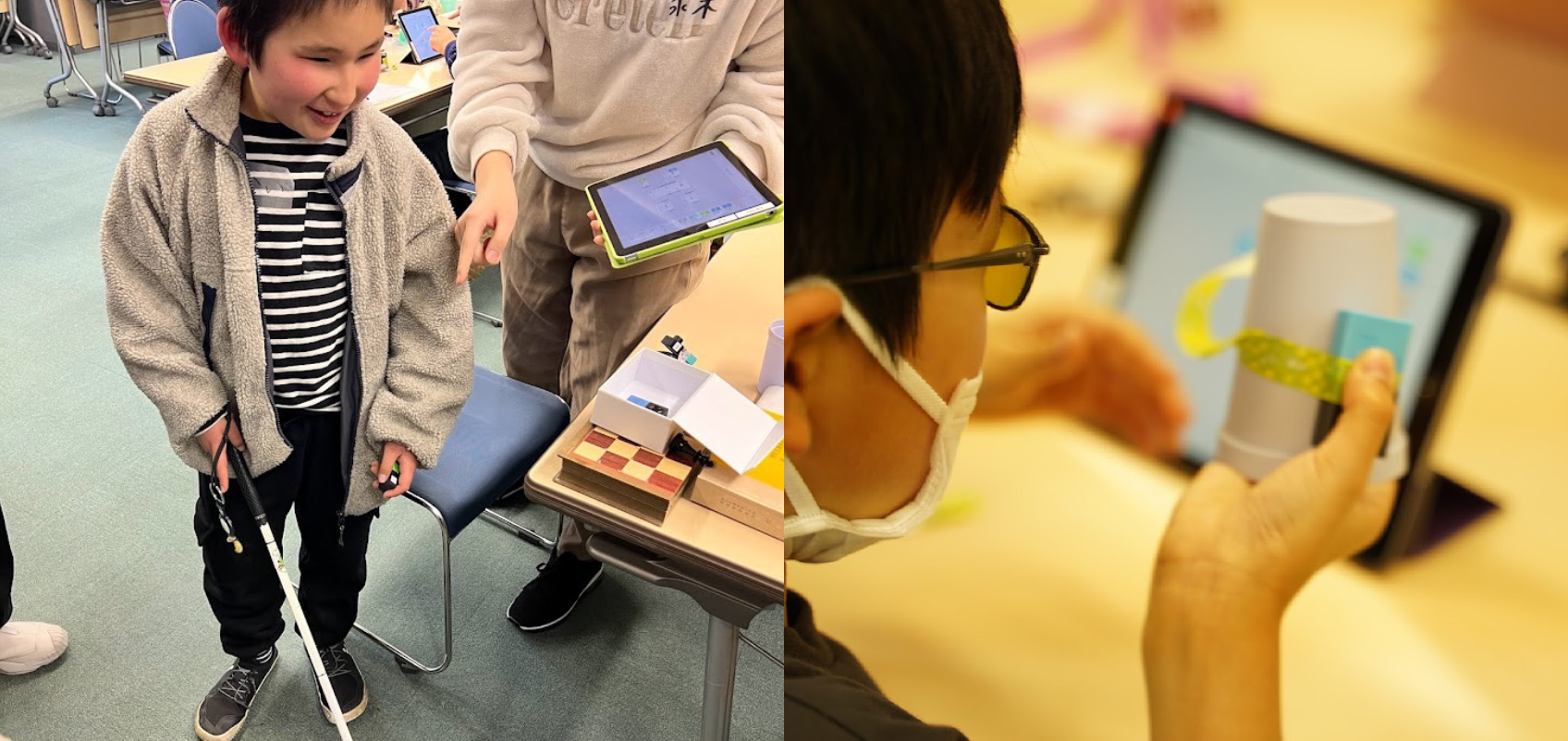 Scenes from the workshop experience. On the left is a visually impaired person with a white cane and a staff member accompanying him. On the right is a participant looking intently at the craft.