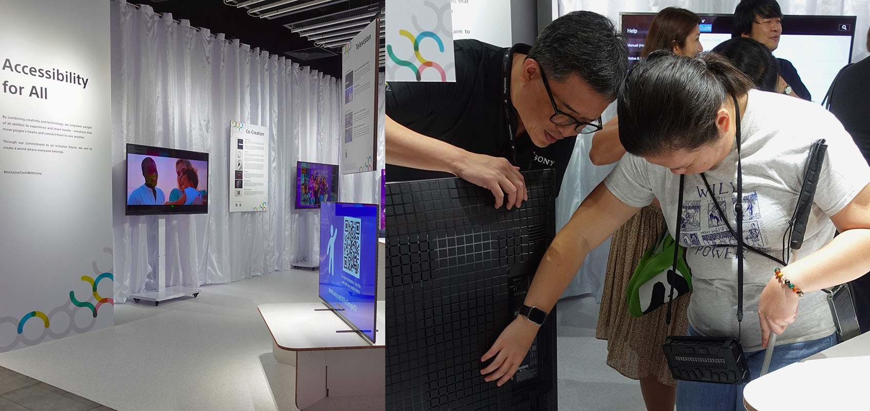 A TV on display in a store, with a visitor with a visual disability and a staff member explaining its features.