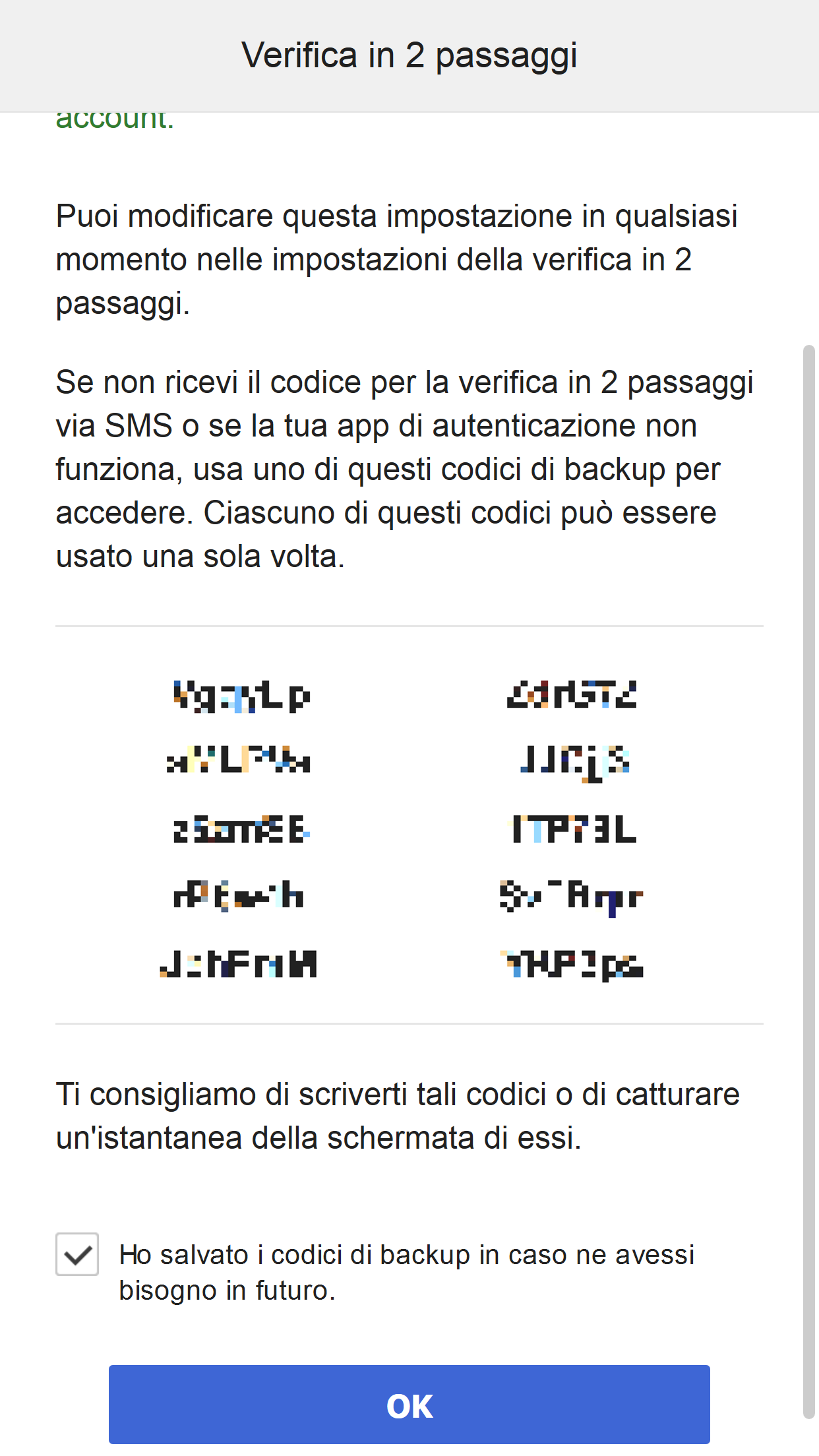 2-Step Verification Backup code view