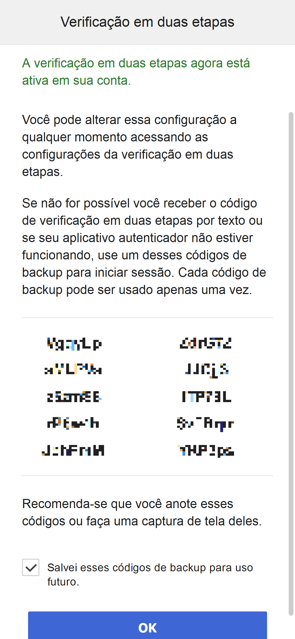 2-Step Verification Backup code view