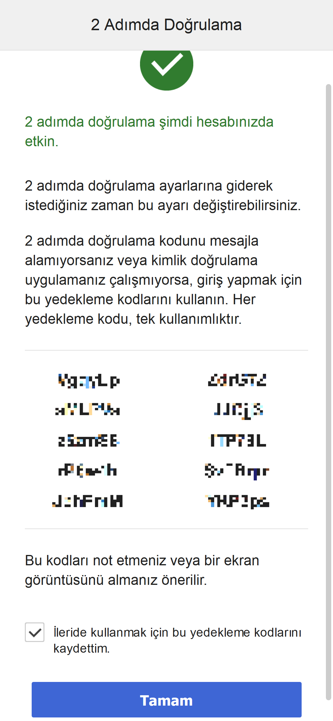 2-Step Verification Backup code view
